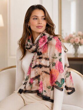 Vince Camuto Floral Animal Print Sparkly Sheer Scarf Wrap Pink Black Beige
